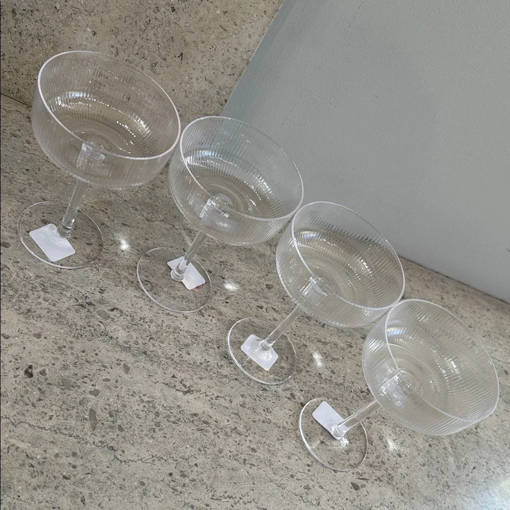 West Elm Elegant Ribbed Glass Coupe Set. Set of 4.